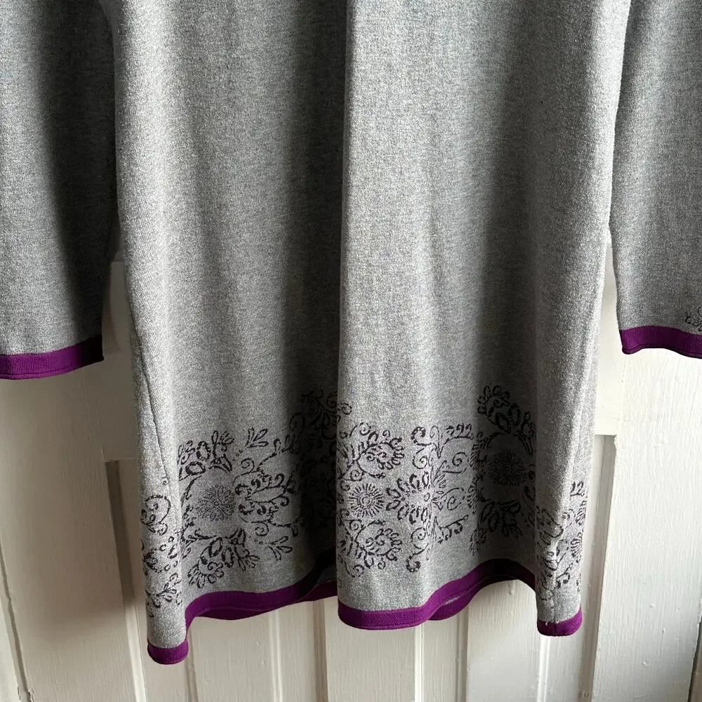 Title Nine Gray Knit Tunic Dress Purple Trim Floral Hem Medium